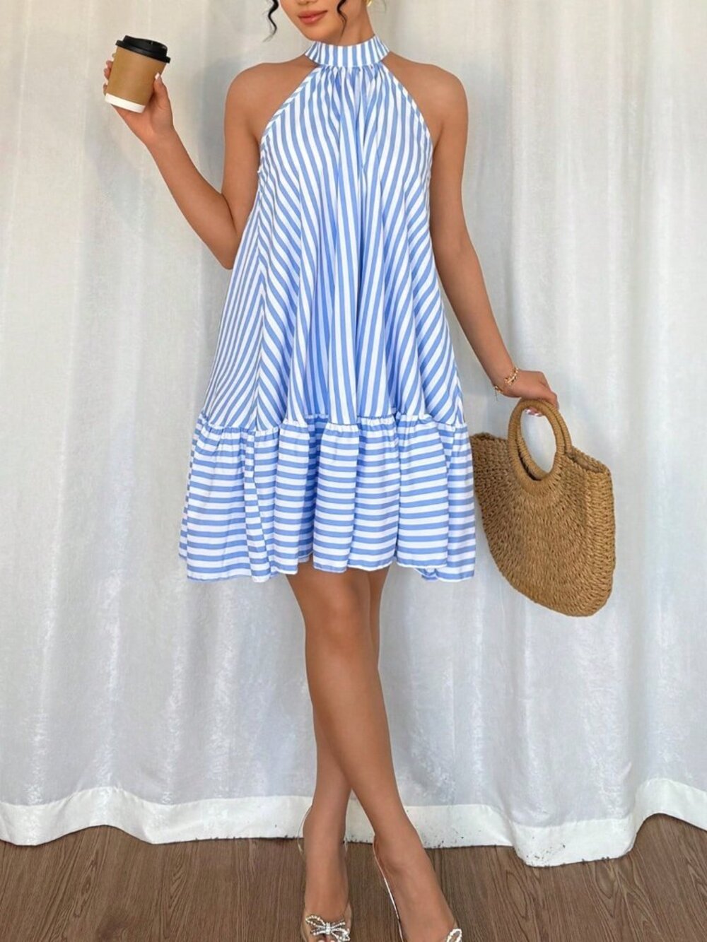 Blue And White Elegant Women's Halter Neck Frill Trim Striped Vacation Dress - Picture 5 of 6